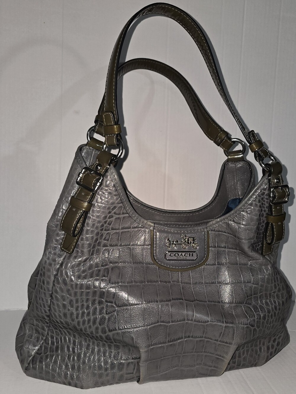 Coach Madison Maggie Hobo Bag H1126-18761 Gray Croc Embossed Leather Blue Lining